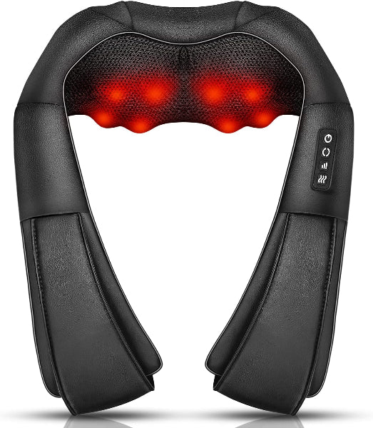Black neck and shoulder massager with red lights on a white background